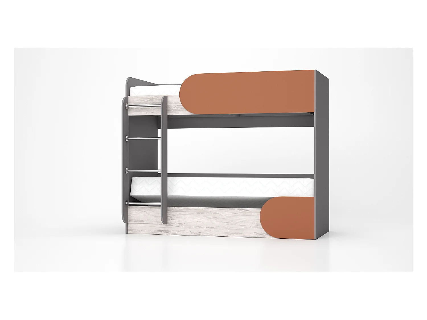 Cameretta completa con letto a castello grigio, bianco legno, arancio CBG1