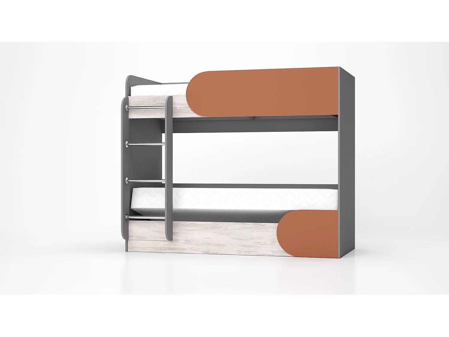 Cameretta completa con letto a castello grigio, bianco legno, arancio CBG1