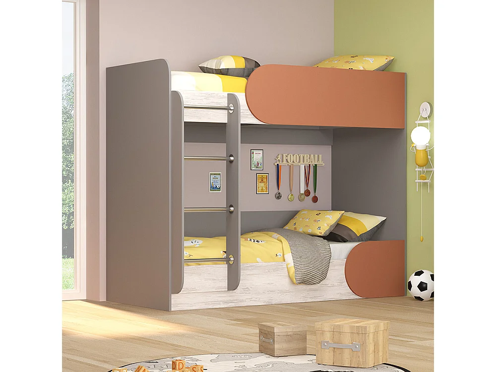 Cameretta completa con letto a castello grigio, bianco legno, arancio CBG1