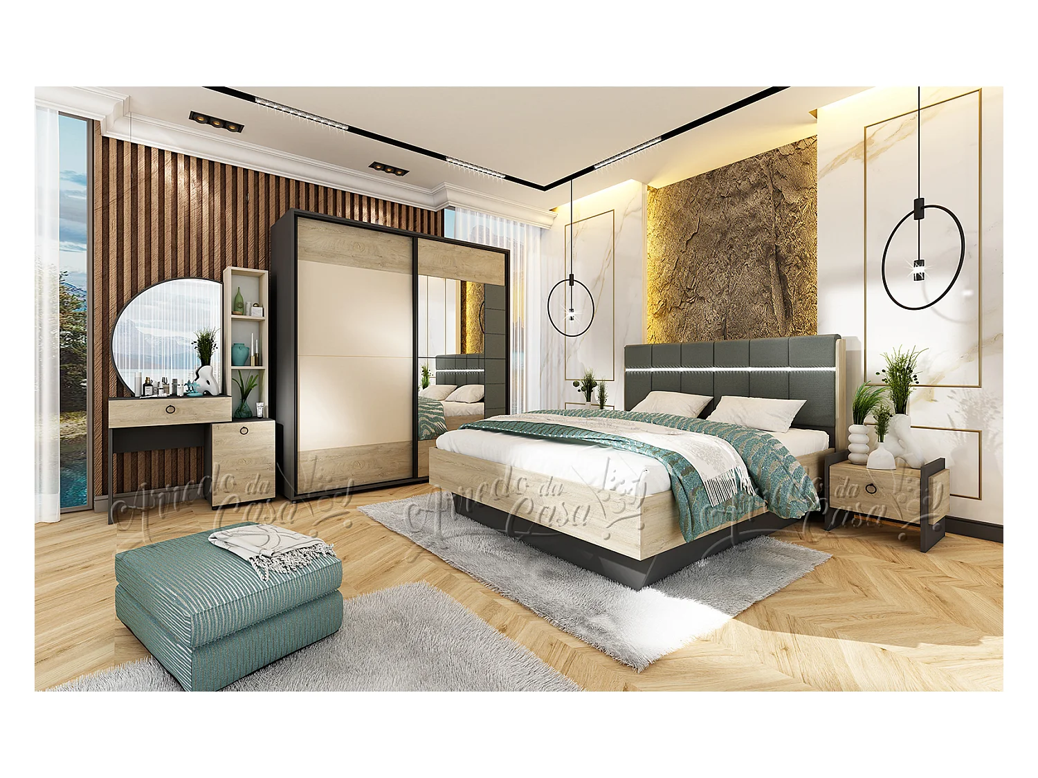 Camera da letto completa moderna 160x200 cm grafite quercia e beige CDLU37