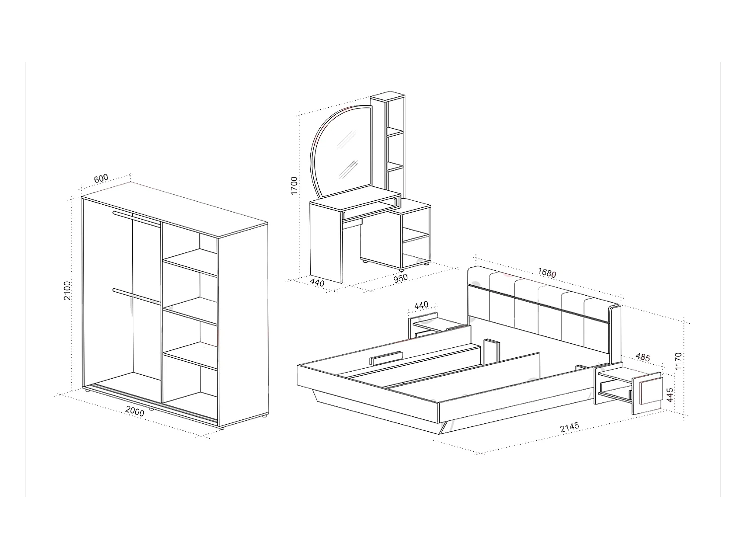 Camera da letto completa moderna 160x200 cm grafite quercia e beige CDLU37