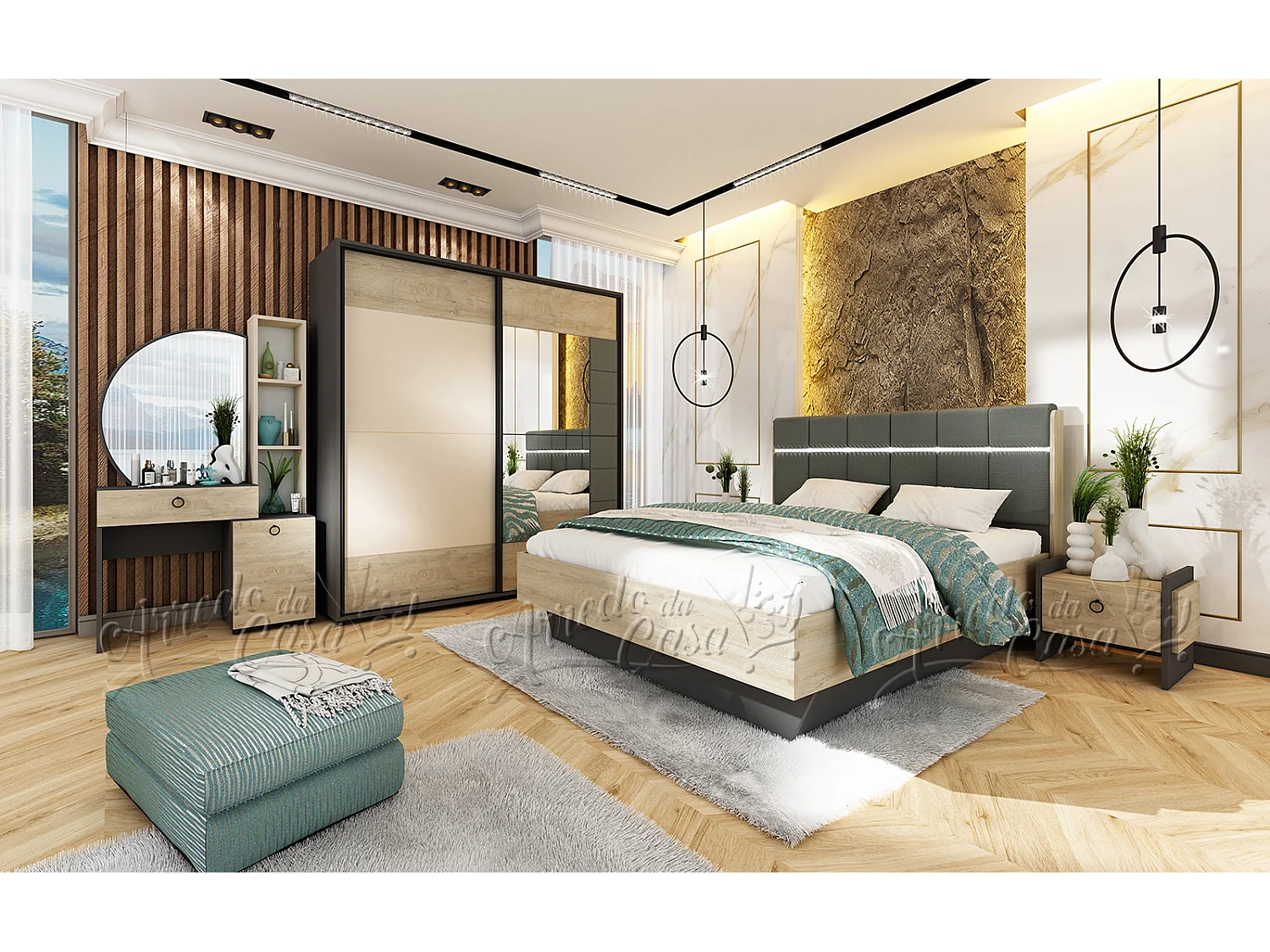 Camera da letto completa moderna 160x200 cm grafite quercia e beige CDLU37