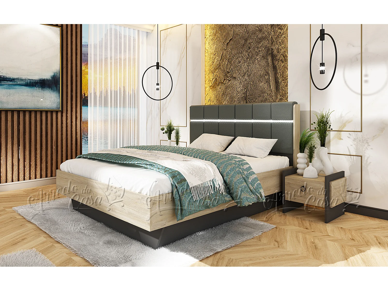 Camera da letto completa moderna 160x200 cm grafite quercia e beige CDLU37