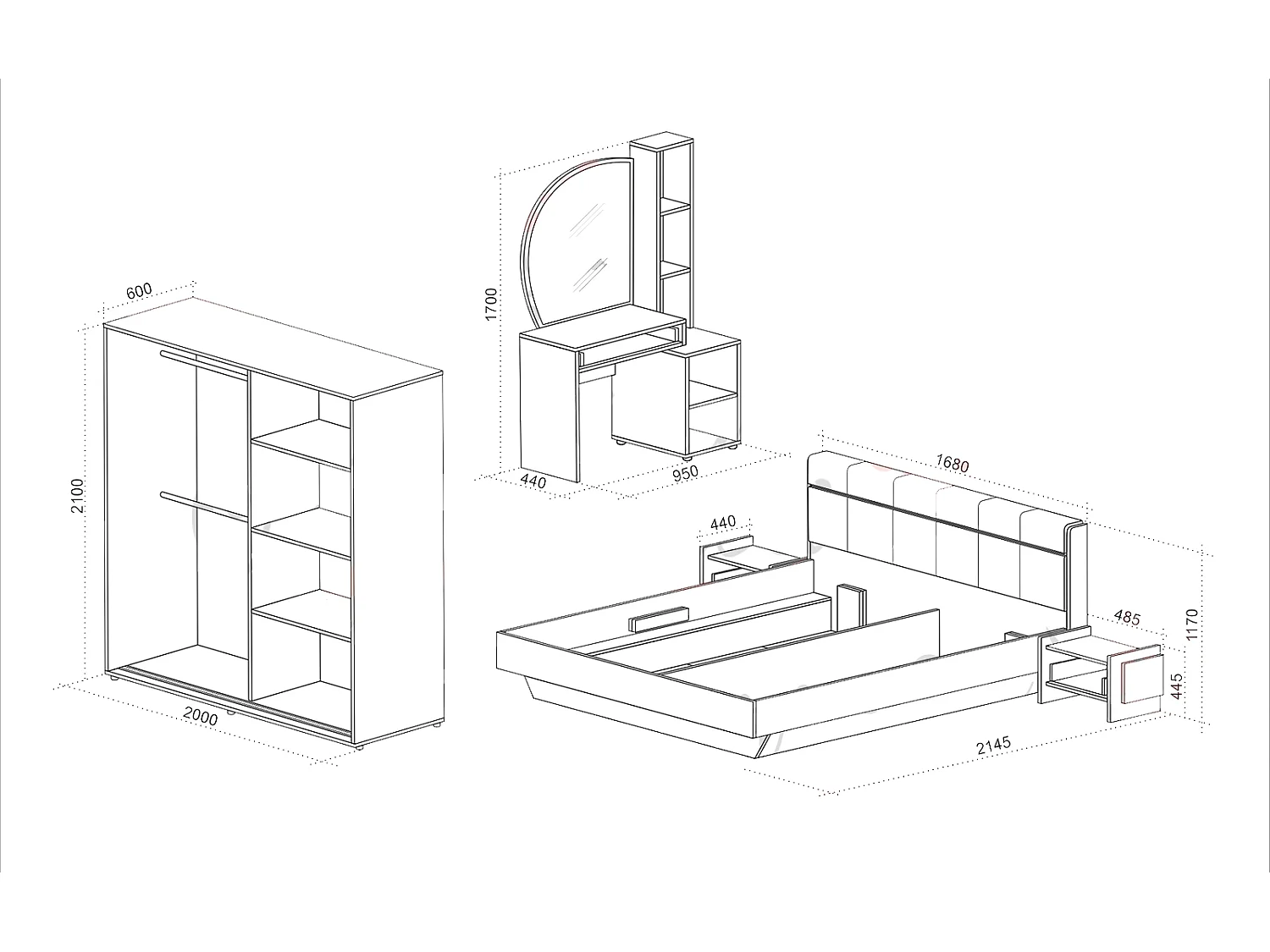 Camera da letto completa moderna 160x200 cm grafite quercia e beige CDLU37