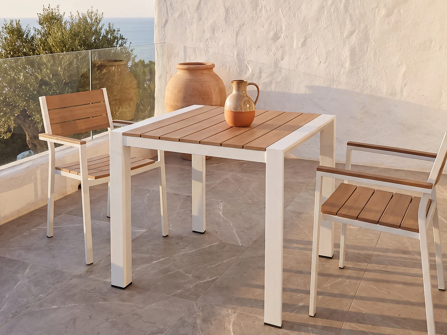 Quadratischer Gartentisch aus Aluminium L.80 cm - Hell-Natur und Weiß