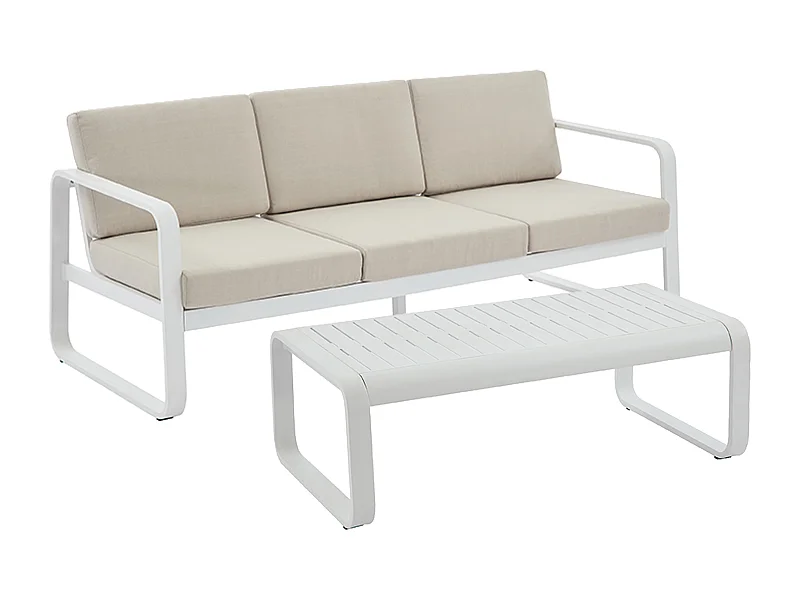 Salotto da giardino in alluminio: 1 divano 3 posti e 1 tavolino - Bianco con cuscini beige - LOMIA di MYLIA