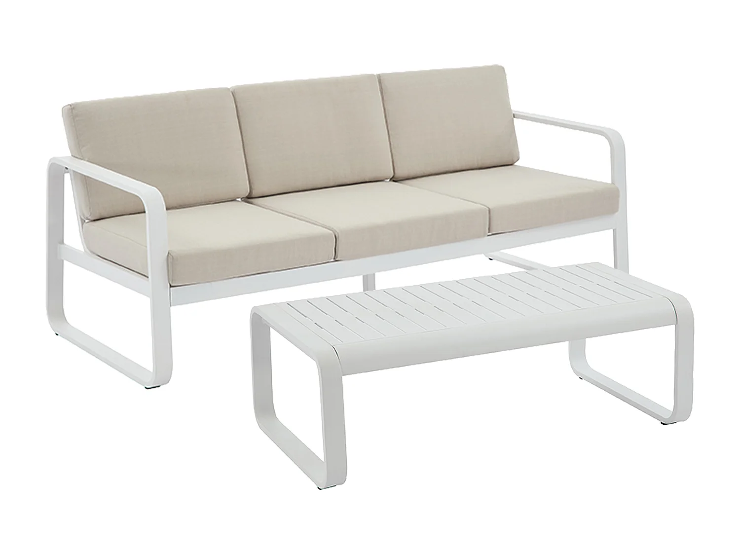Salon de jardin en aluminium : 1 canapé 3 places et 1 table basse - Blanc avec coussins beiges - LOMIA de MYLIA