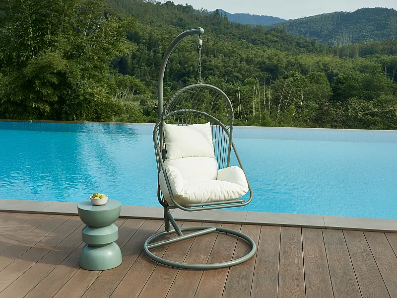 Fauteuil suspendu en résine tressée - Vert avec coussins blancs - LUTUS de MYLIA