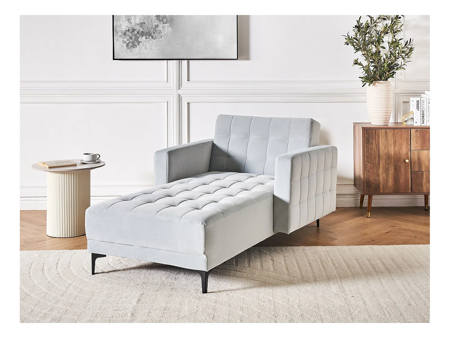 Chaiselongue Samt hell grau mit Schlaffunktion Metallgestell schwarz Aberdeen