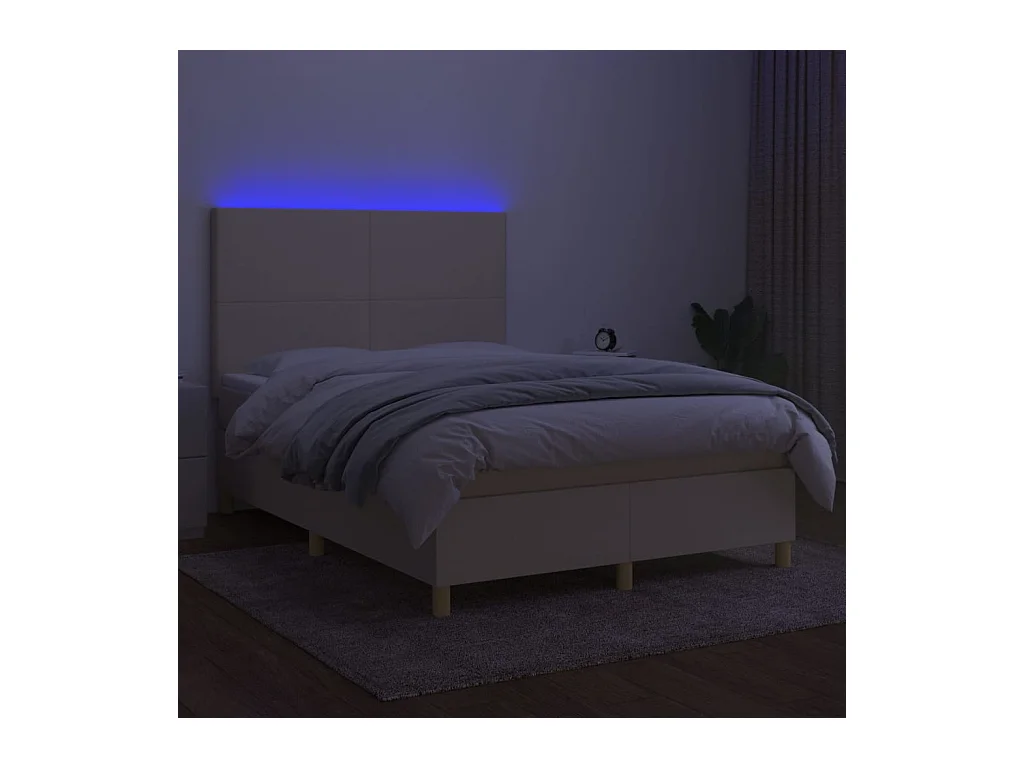 Cama box spring colchón y luces LED tela crema 140x200 cm