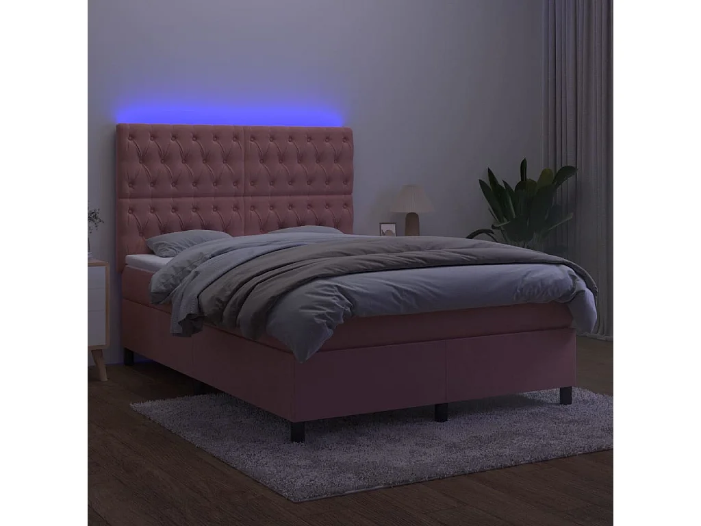 Cama box spring c/ colchão/LED 140x200 cm veludo rosa