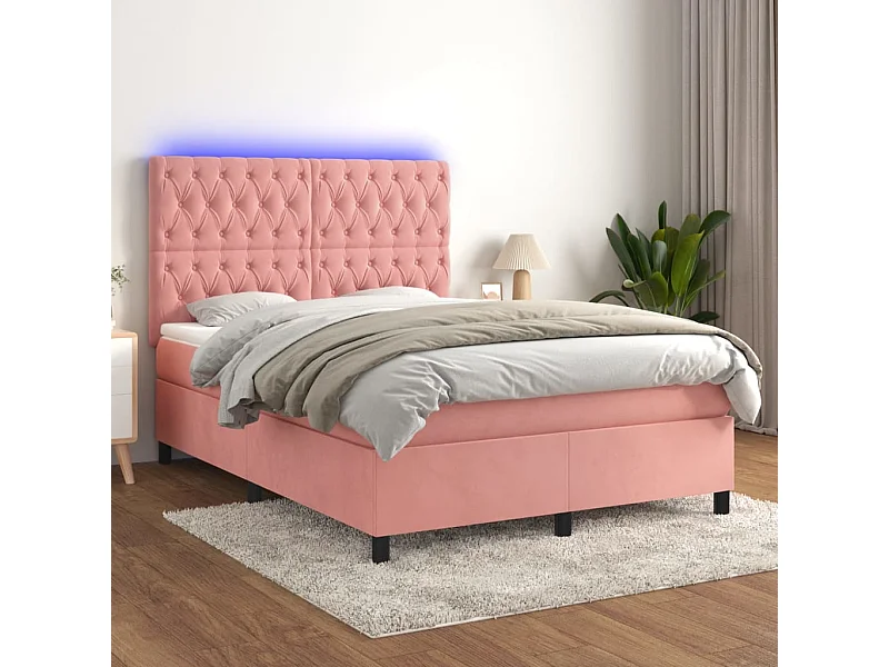Letto a Molle con Materasso e LED Rosa 140x190 cm in Velluto