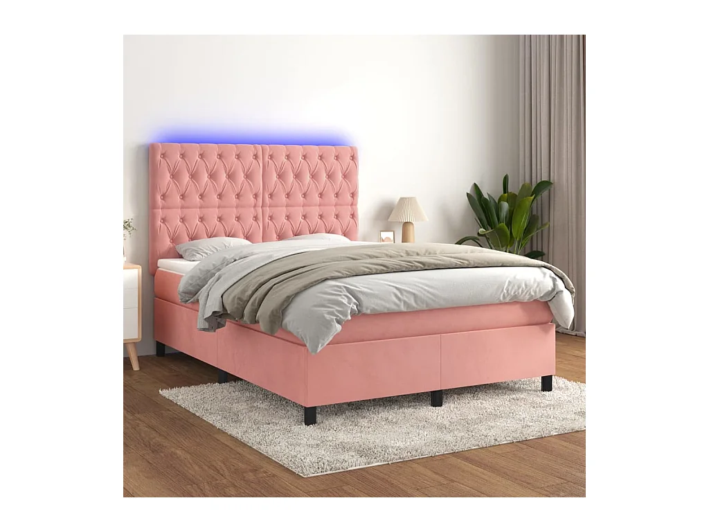 Cama box spring colchón y LED terciopelo rosa 140x190 cm