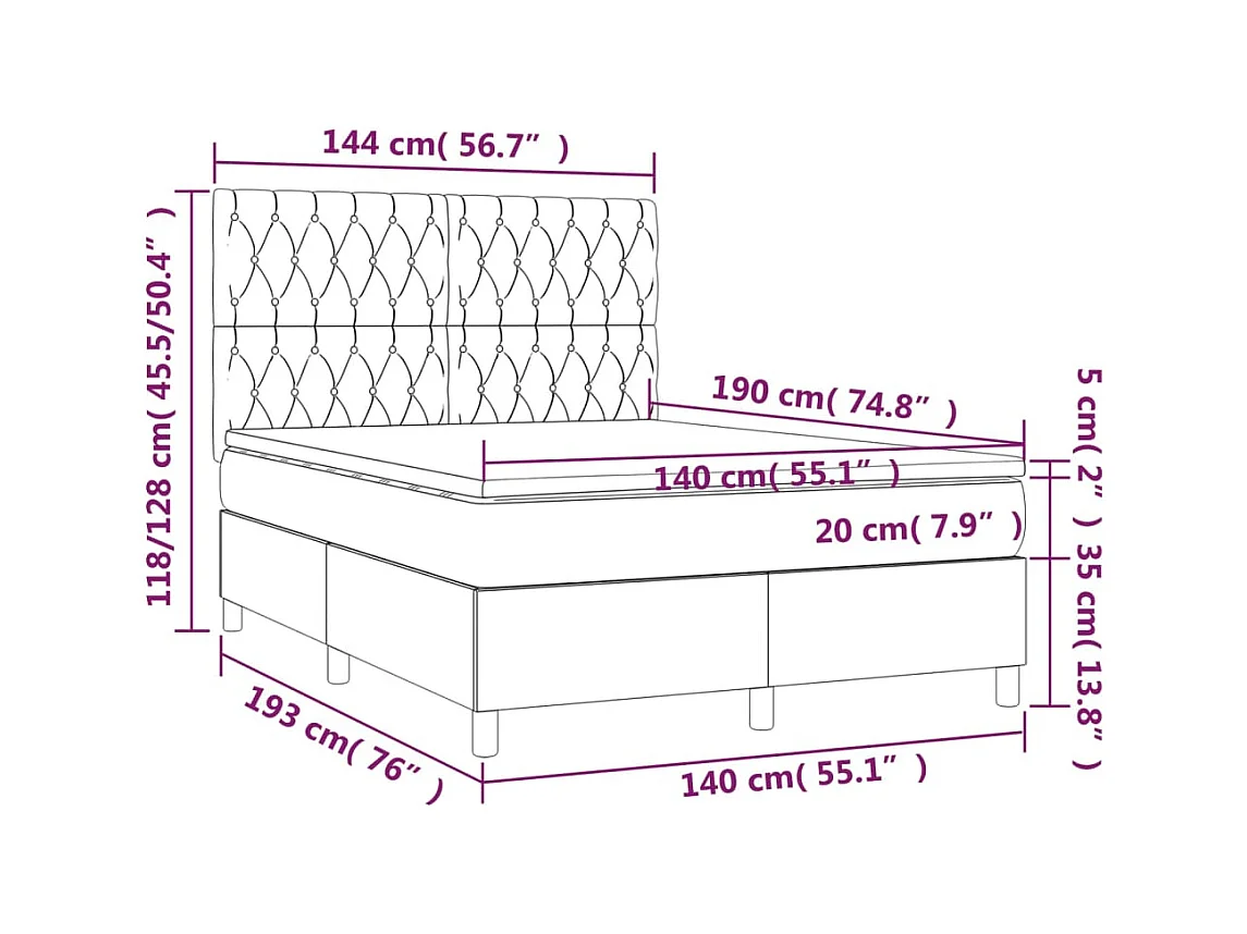 Cama box spring colchón y LED terciopelo rosa 140x190 cm