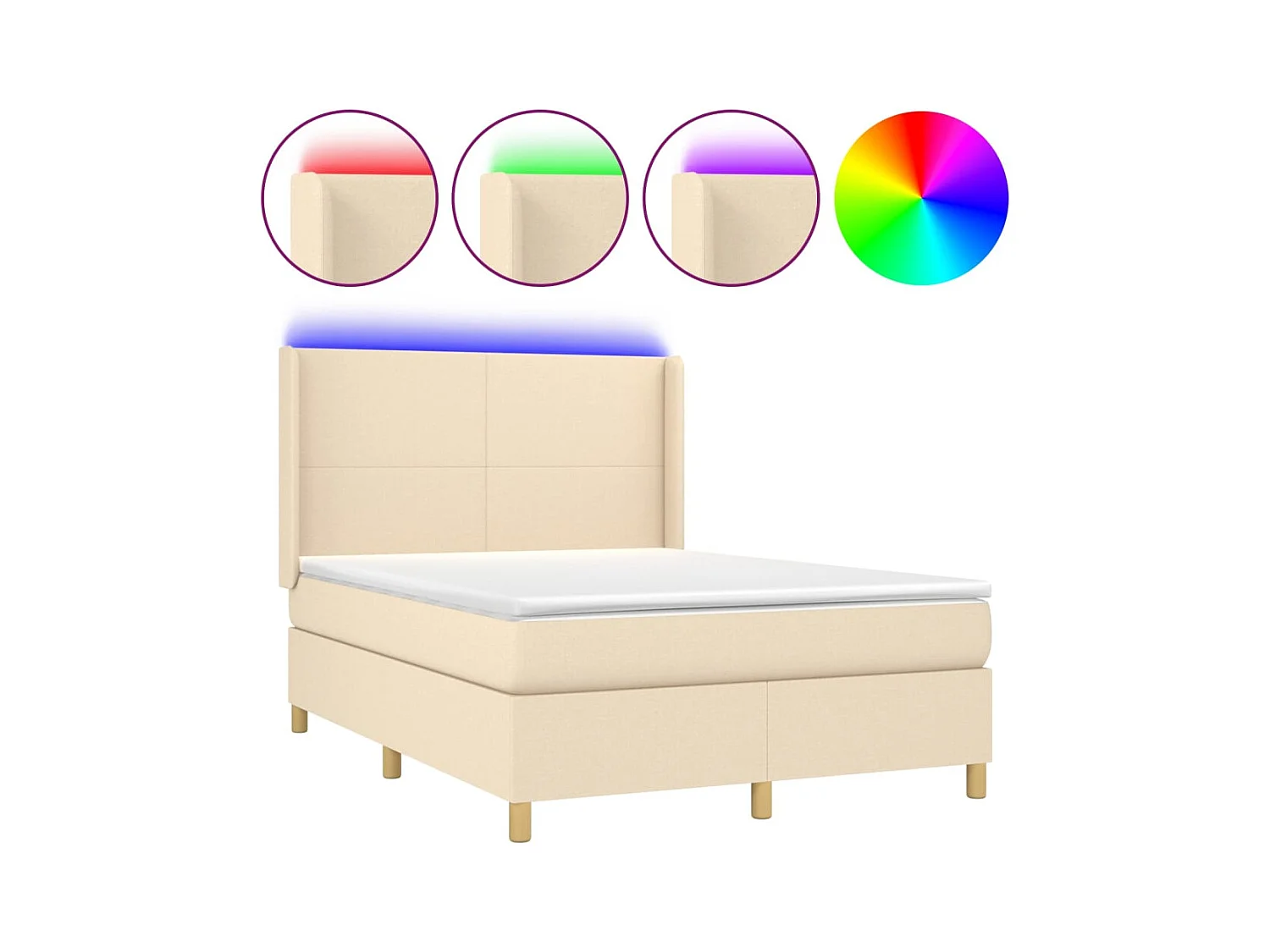 Cama box spring colchón y luces LED tela crema 140x200 cm