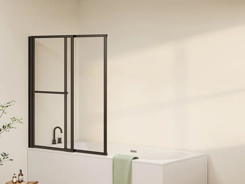 Pare baignoire pivotant et relevable avec porte serviette - Noir mat - 120 x 140 cm - VESLIRA