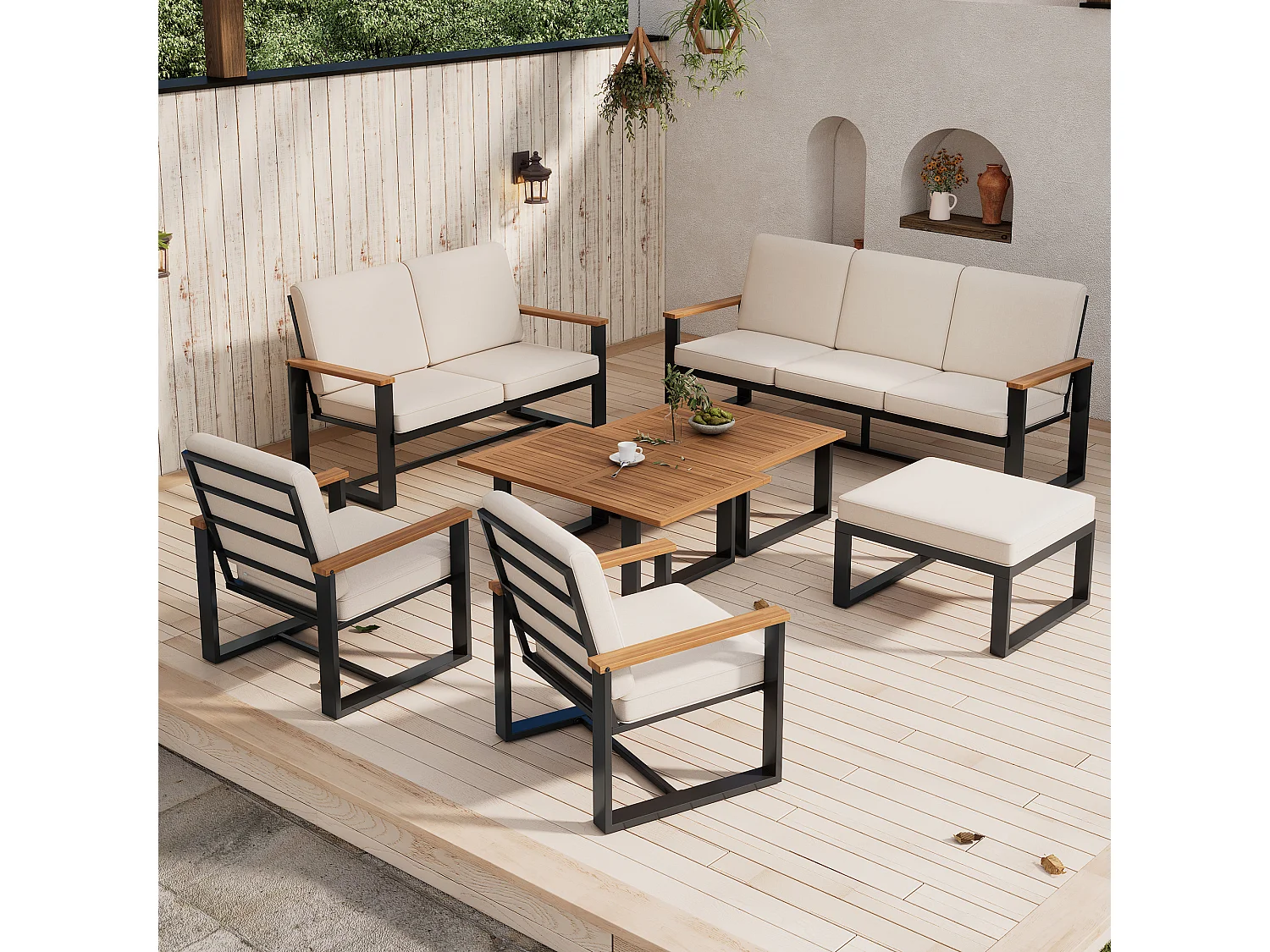 7-personers havemøbelsæt - 175 x 72 x 84 cm - 4 sofaer + sofabord + fodskammel - polyester - beige