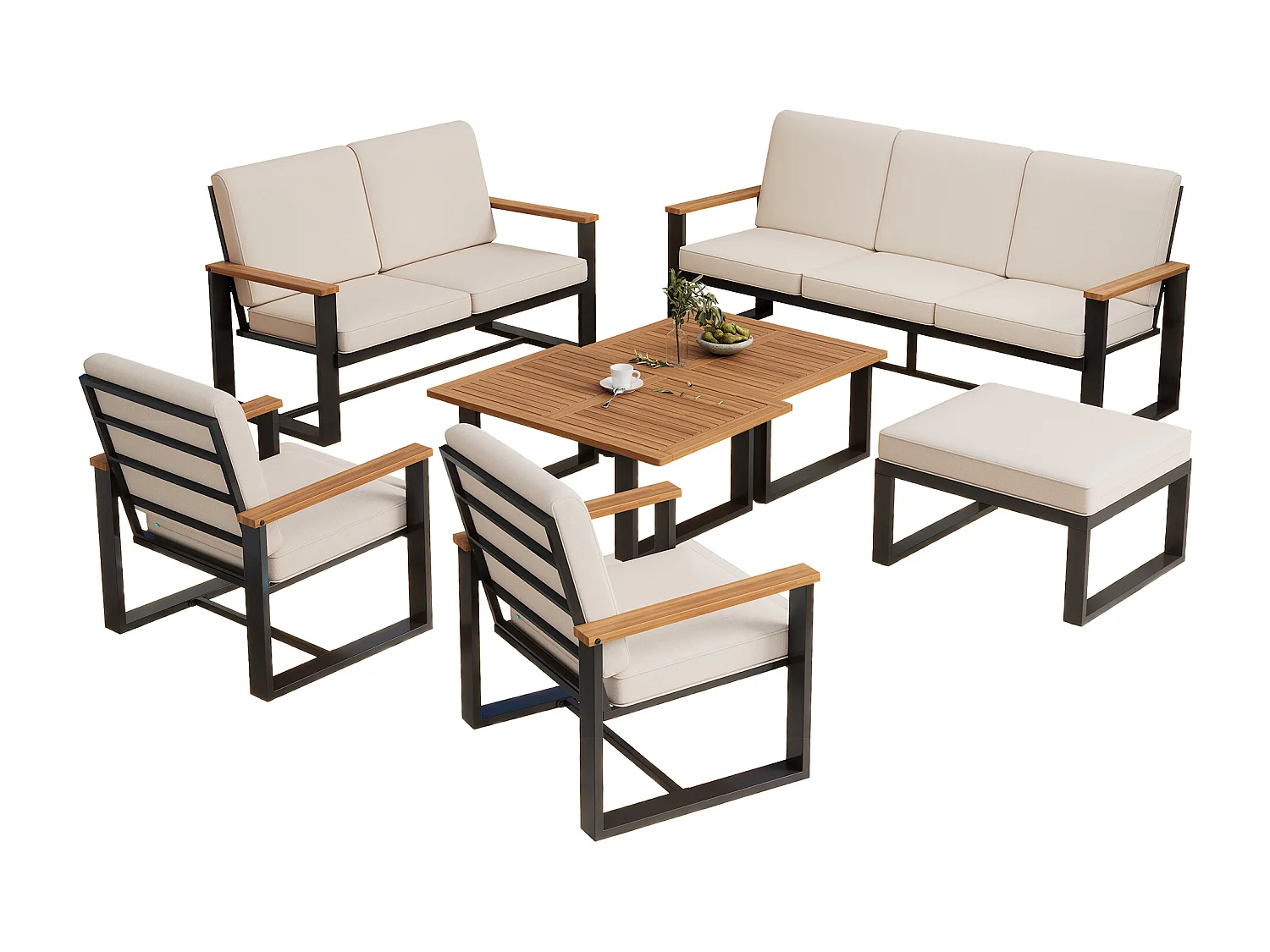 7-personers havemøbelsæt - 175 x 72 x 84 cm - 4 sofaer + sofabord + fodskammel - polyester - beige