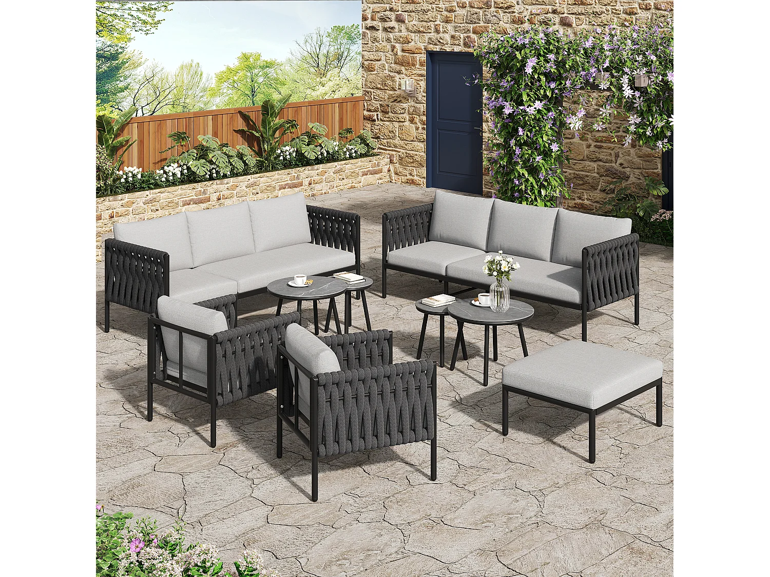 Tuinset voor 8 personen - 177 x 63 x 68 cm - 2 banken + 2 fauteuils + 4 salontafels + voetenbank - polyester - grijs