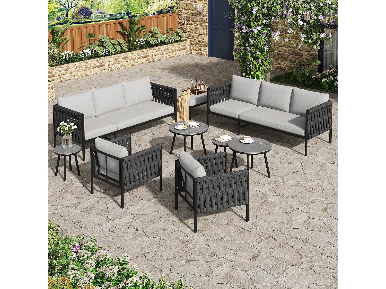 Tuinset voor 8 personen - 177 x 63 x 68 cm - 2 banken + 2 fauteuils + 4 salontafels + voetenbank - polyester - grijs