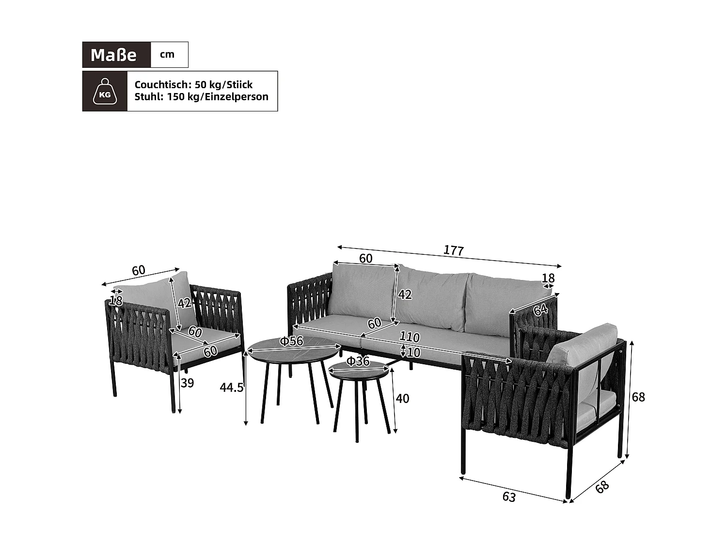 Tuinset voor 8 personen - 177 x 63 x 68 cm - 2 banken + 2 fauteuils + 4 salontafels + voetenbank - polyester - grijs