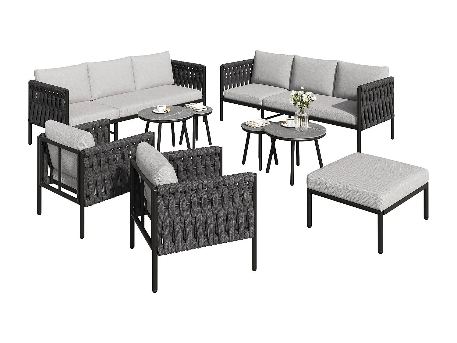 Tuinset voor 8 personen - 177 x 63 x 68 cm - 2 banken + 2 fauteuils + 4 salontafels + voetenbank - polyester - grijs