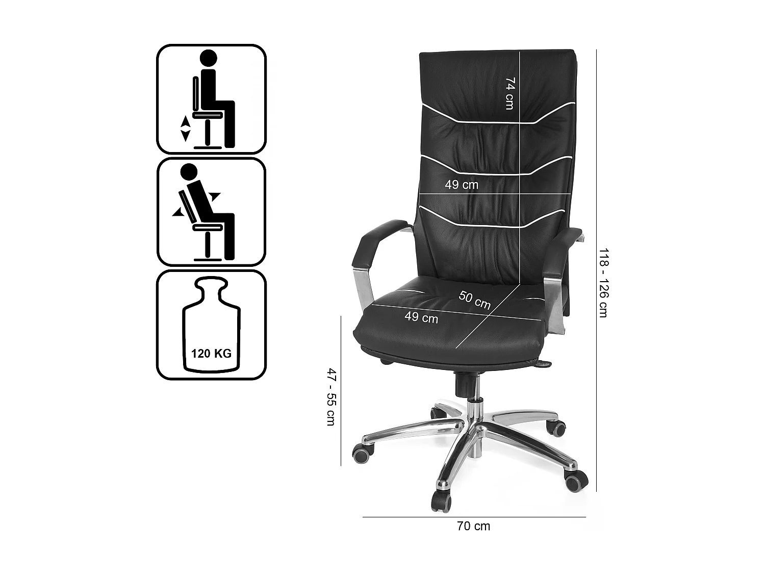 Bürostuhl Echt-Leder schwarz Schreibtischstuhl, Chefsessel mit Kopfstütze & Multiblockmechanik,