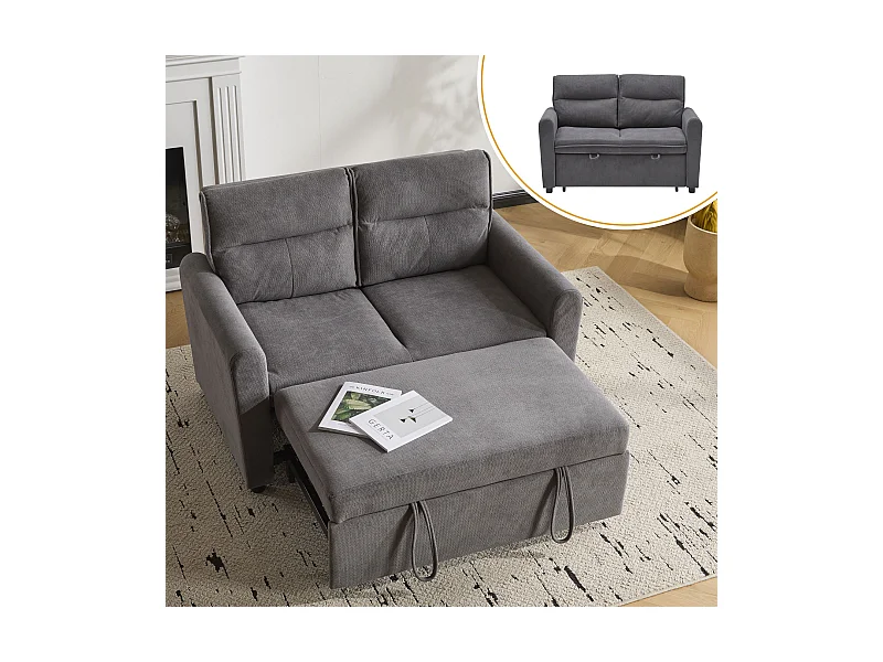 Canapé 2 places - 127 x 90 x 87 cm - Canapé-lit gigogne + Dossier réglable + coussins - velours - gris