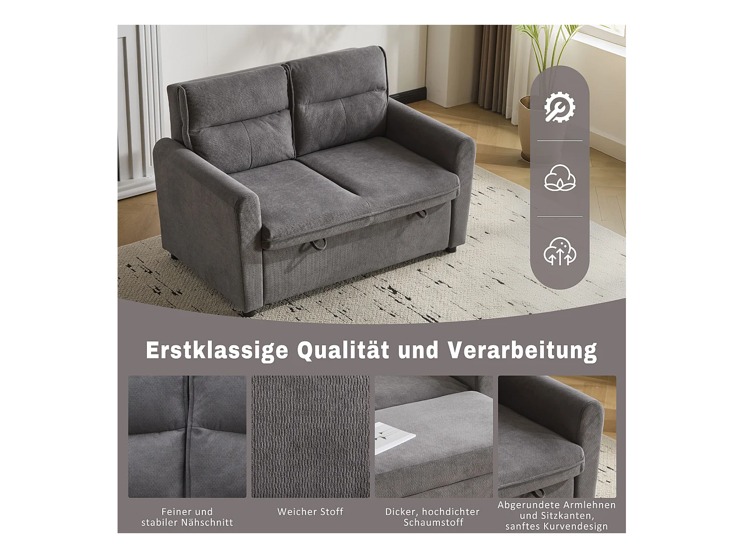 Canapé 2 places - 127 x 90 x 87 cm - Canapé-lit gigogne + Dossier réglable + coussins - velours - gris