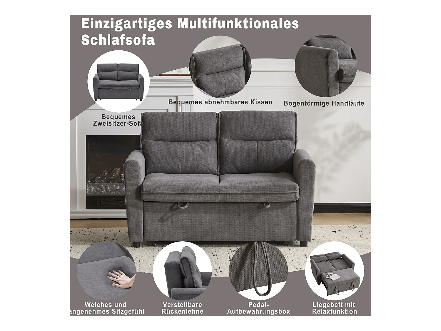 Canapé 2 places - 127 x 90 x 87 cm - Canapé-lit gigogne + Dossier réglable + coussins - velours - gris