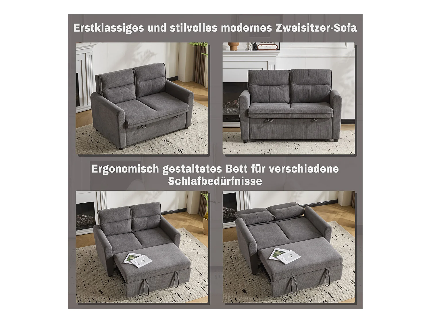 Canapé 2 places - 127 x 90 x 87 cm - Canapé-lit gigogne + Dossier réglable + coussins - velours - gris