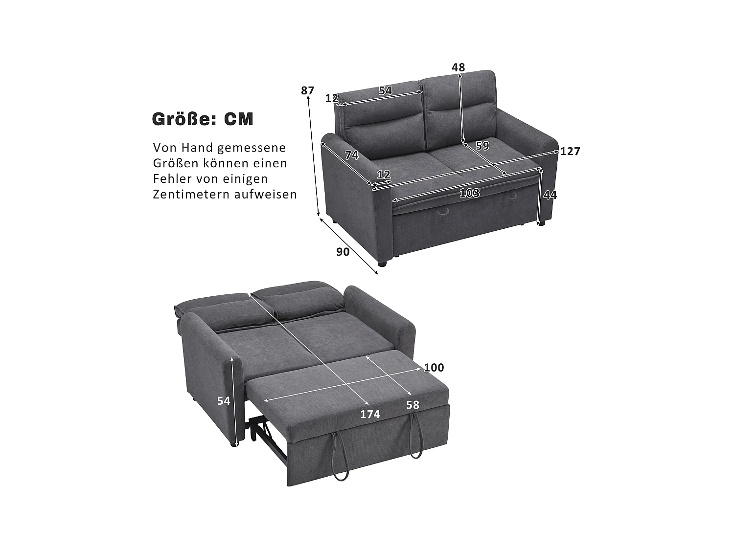 Canapé 2 places - 127 x 90 x 87 cm - Canapé-lit gigogne + Dossier réglable + coussins - velours - gris