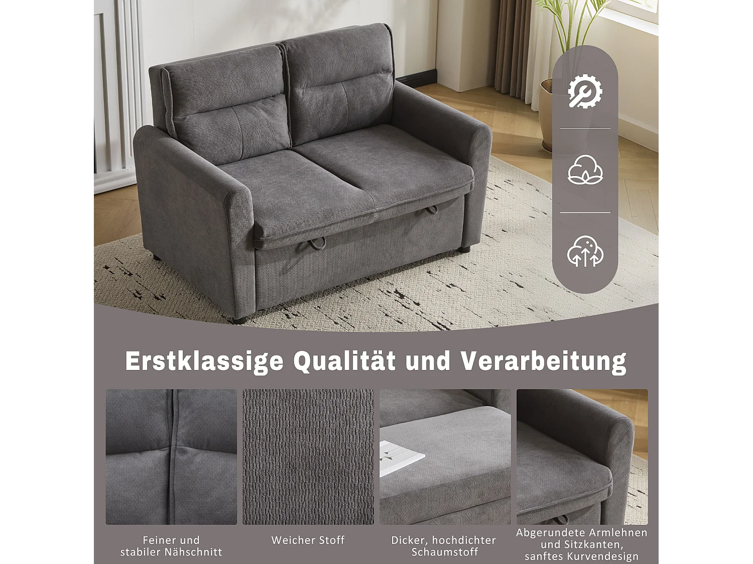 Canapé 2 places - 127 x 90 x 87 cm - Canapé-lit gigogne + Dossier réglable + coussins - velours - gris