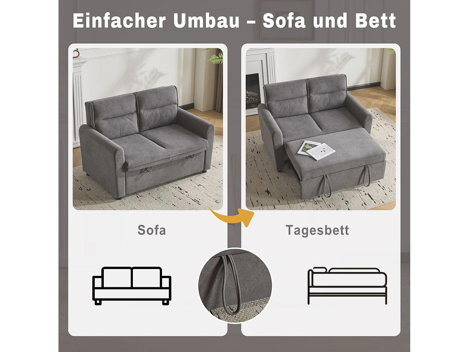 Canapé 2 places - 127 x 90 x 87 cm - Canapé-lit gigogne + Dossier réglable + coussins - velours - gris