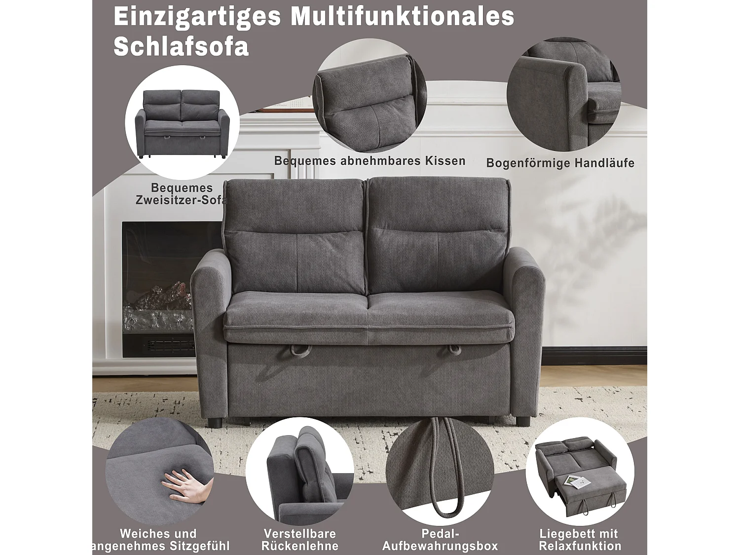 Canapé 2 places - 127 x 90 x 87 cm - Canapé-lit gigogne + Dossier réglable + coussins - velours - gris