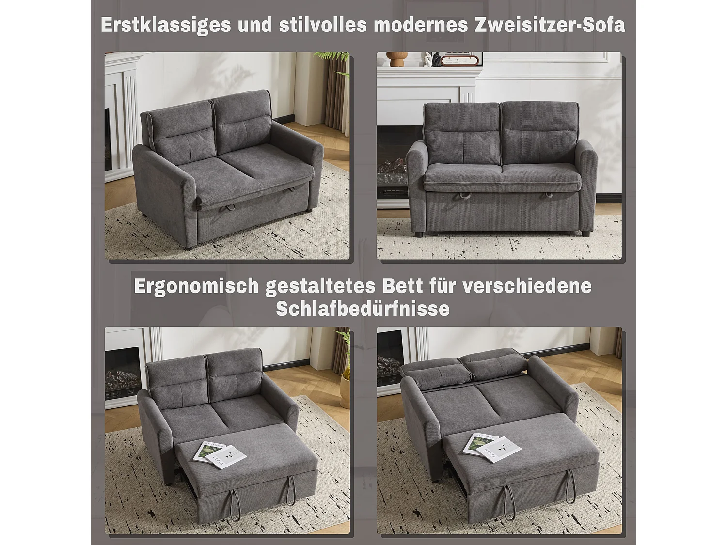 Canapé 2 places - 127 x 90 x 87 cm - Canapé-lit gigogne + Dossier réglable + coussins - velours - gris