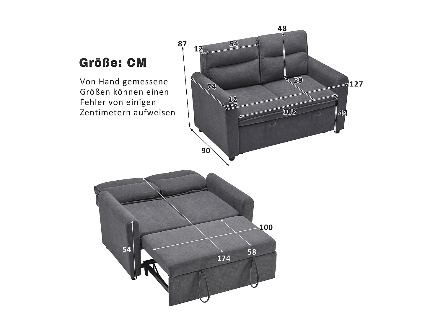 Canapé 2 places - 127 x 90 x 87 cm - Canapé-lit gigogne + Dossier réglable + coussins - velours - gris