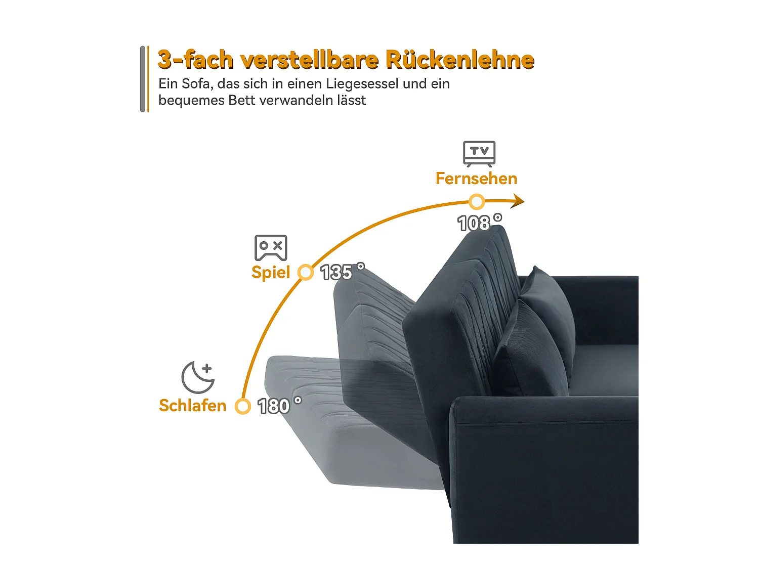 Canapé 2 places - 180 x 75 x 82 cm - canapé-lit convertible - dossier réglable - en velours - noir