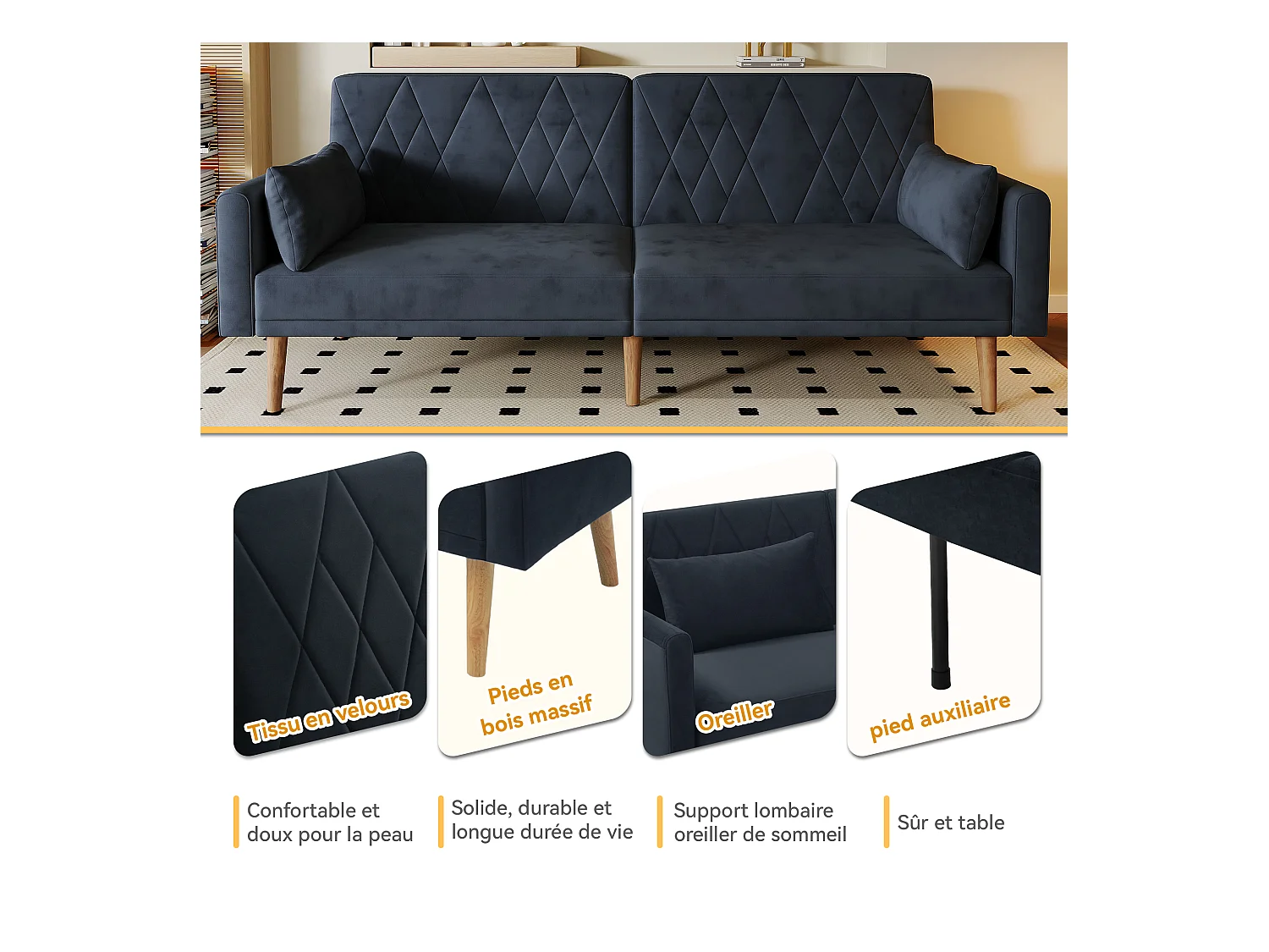 Canapé 2 places - 180 x 75 x 82 cm - canapé-lit convertible - dossier réglable - en velours - noir