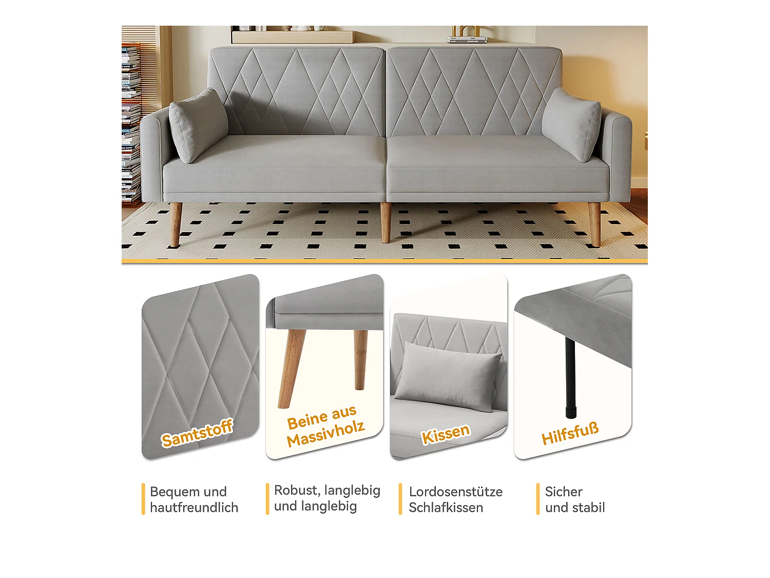 2-Sitzer-Sofa – 180 x 75 x 82 cm – Schlafsofa – verstellbare Rückenlehne – Samt – Grau