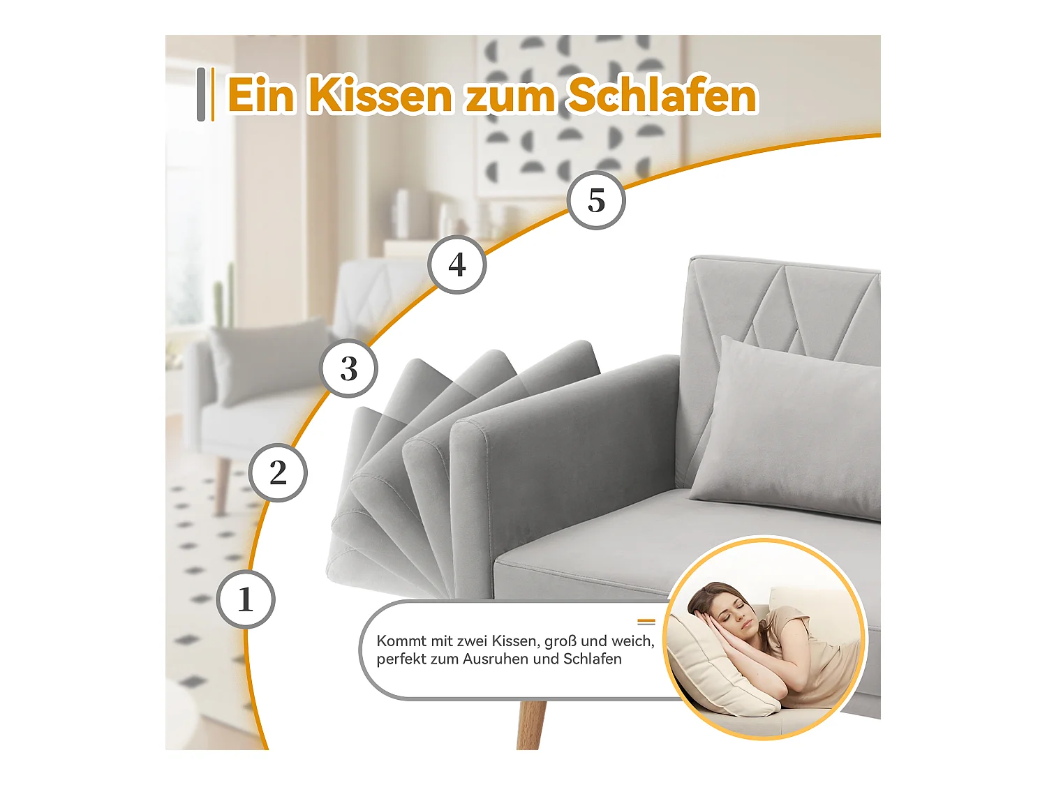 2-Sitzer-Sofa – 180 x 75 x 82 cm – Schlafsofa – verstellbare Rückenlehne – Samt – Grau
