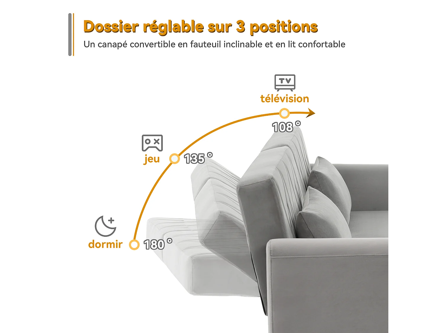 Canapé 2 places - 180 x 75 x 82 cm - canapé-lit convertible - dossier réglable - en velours - gris