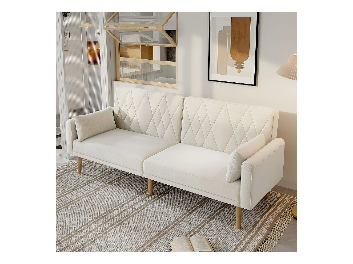 Canapé 2 places - 180 x 75 x 82 cm - canapé-lit convertible - dossier réglable - en velours - beige