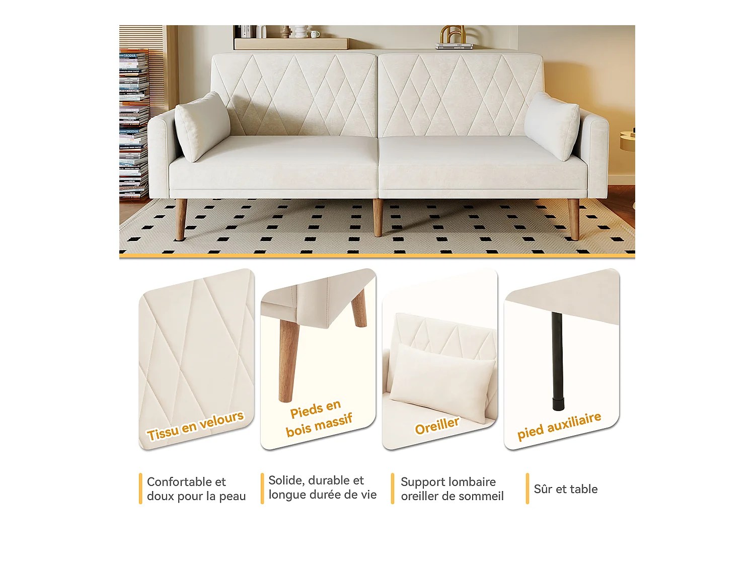 Canapé 2 places - 180 x 75 x 82 cm - canapé-lit convertible - dossier réglable - en velours - beige