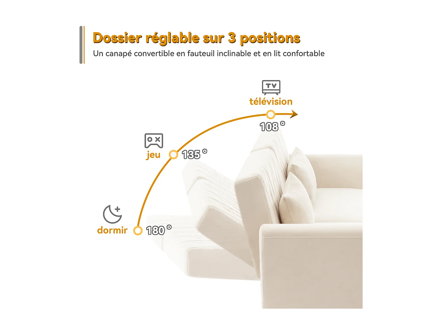 Canapé 2 places - 180 x 75 x 82 cm - canapé-lit convertible - dossier réglable - en velours - beige