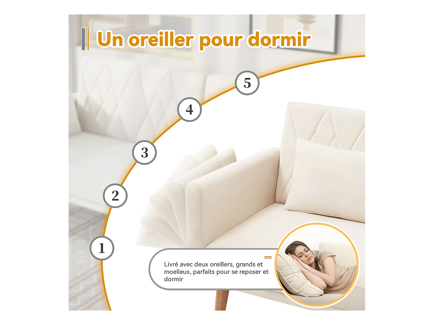 Canapé 2 places - 180 x 75 x 82 cm - canapé-lit convertible - dossier réglable - en velours - beige