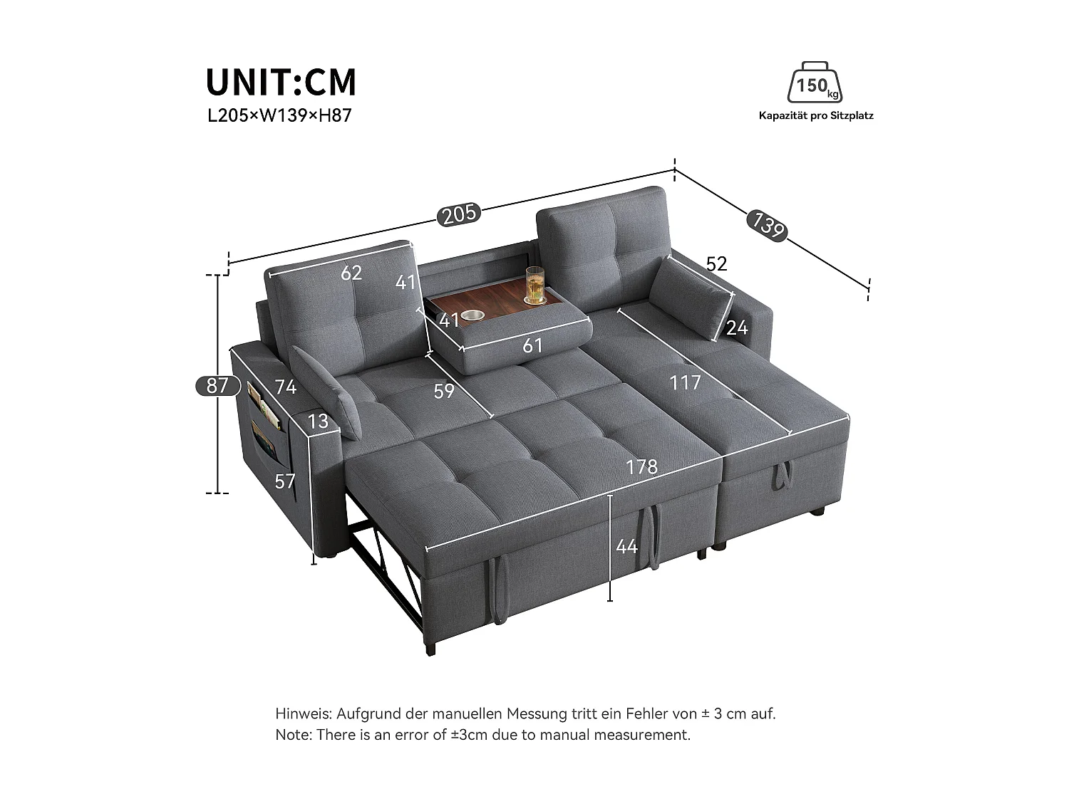 Sofá-cama em L - 205 x 139 x 87 cm - sofá-cama retrátil - com compartimento de arrumação - Madeira maciça + linho - cinza