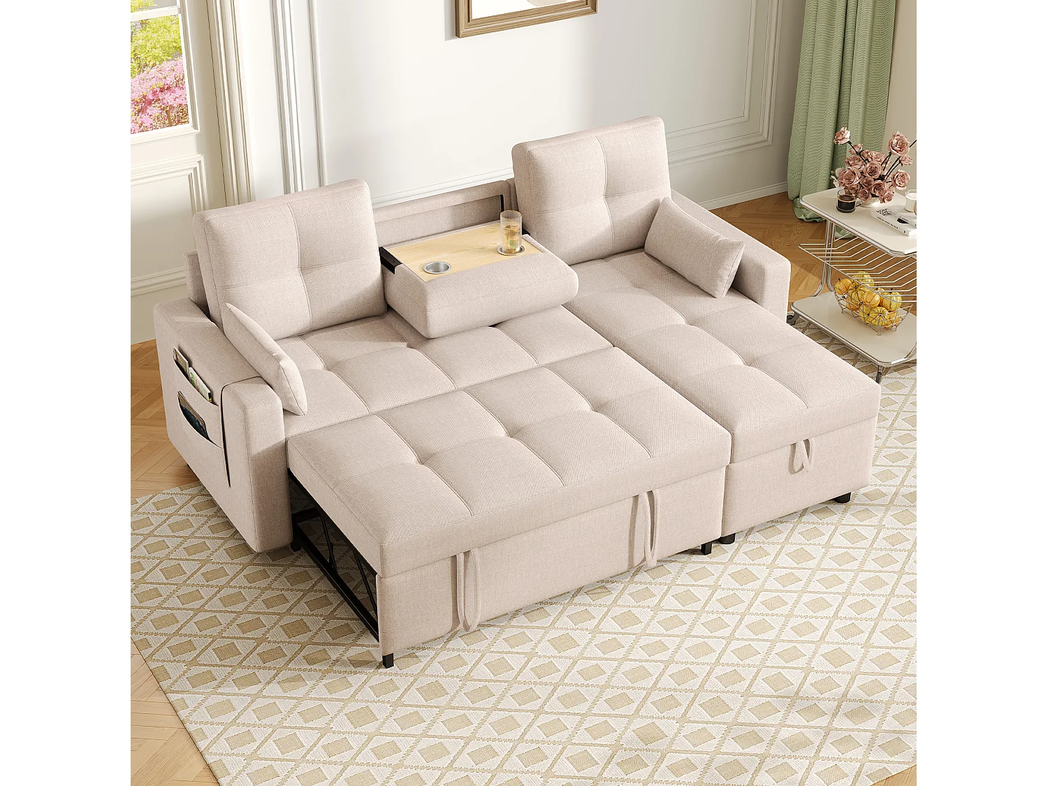 Sofá-cama em L - 205 x 139 x 87 cm - sofá-cama retrátil - com compartimento de arrumação - Madeira maciça + linho - bege