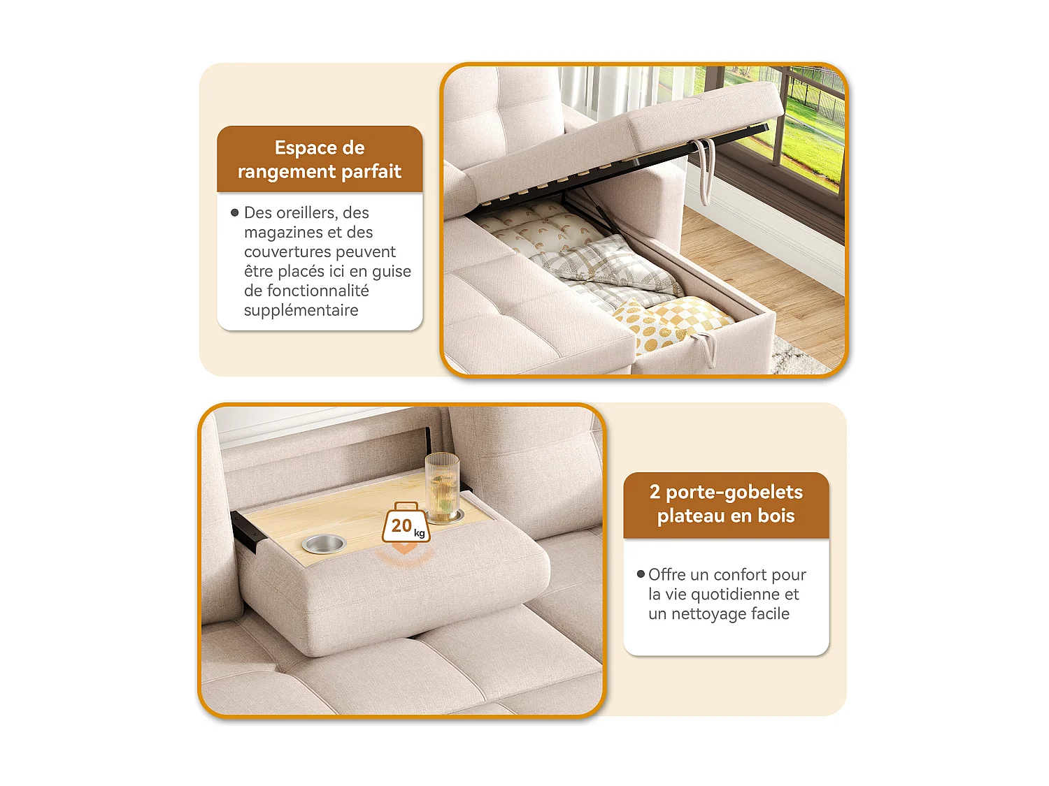 Sofá-cama em L - 205 x 139 x 87 cm - sofá-cama retrátil - com compartimento de arrumação - Madeira maciça + linho - bege