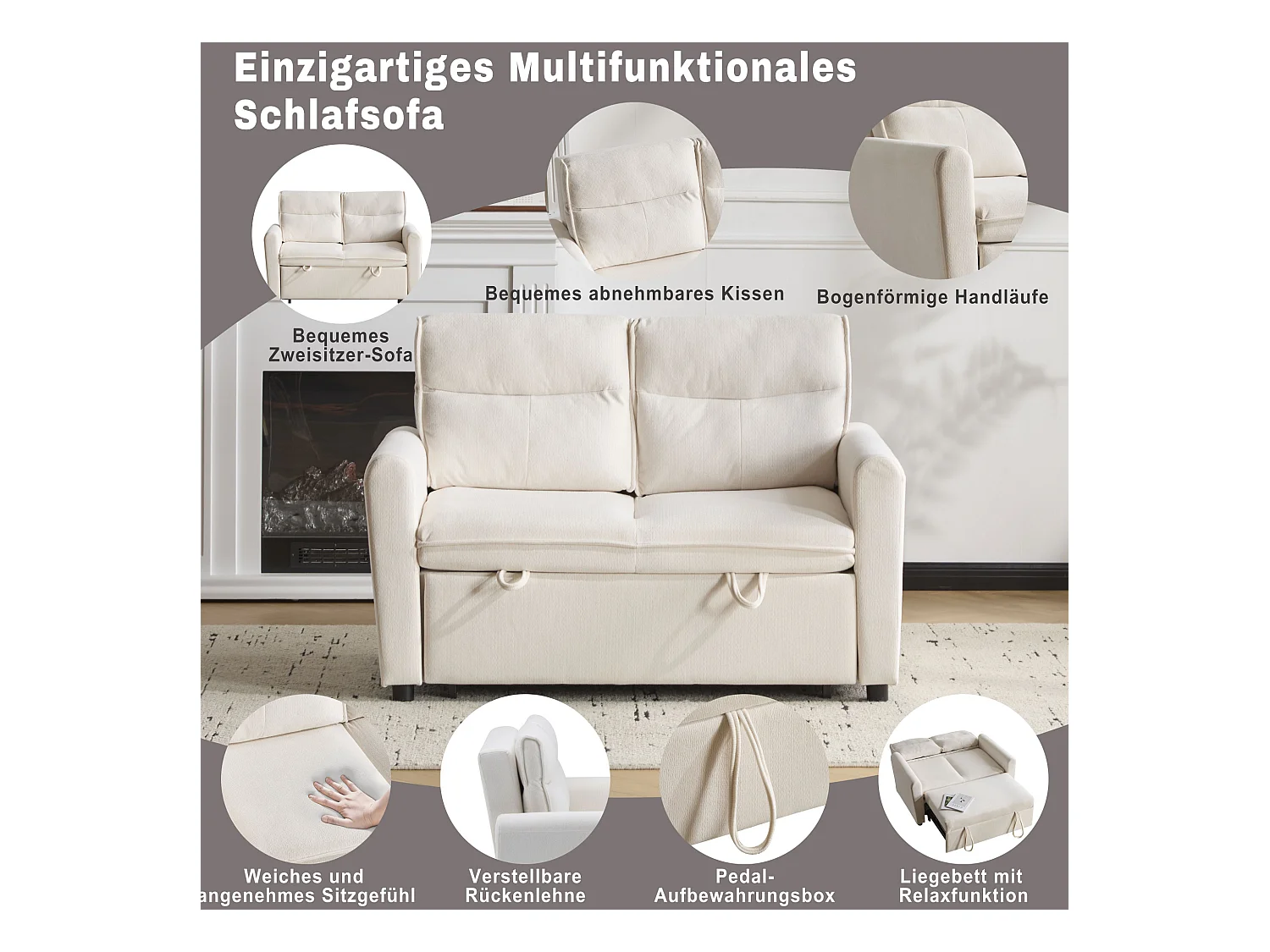 Canapé 2 places - 127 x 90 x 87 cm - Canapé-lit gigogne + Dossier réglable + coussins - velours - beige